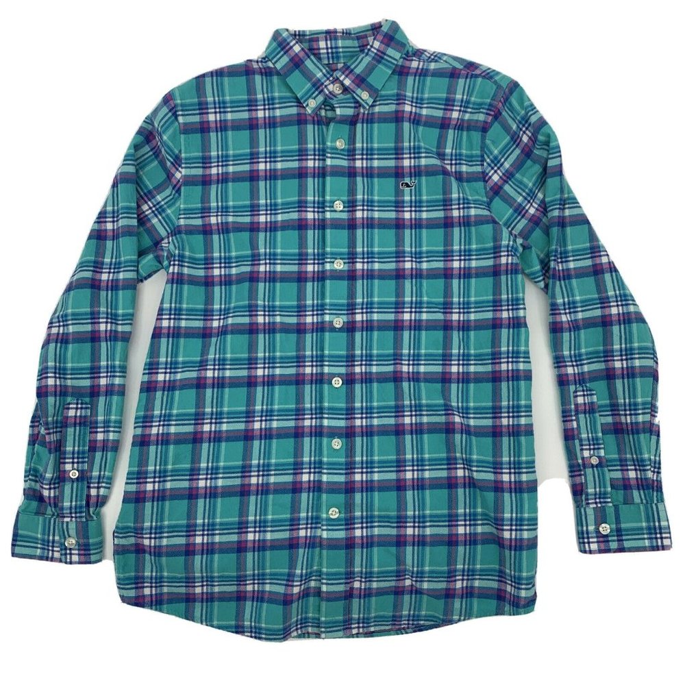 Girl's Vineyard Vines L/S Button Down‎ Whale Shirt Teal/Pink/White Plaid L (16)